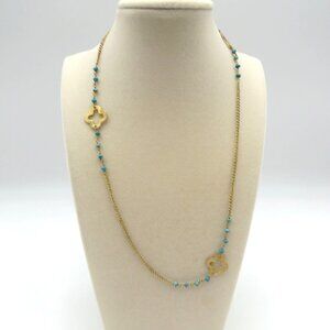 Station Necklace‎ 17" Turquoise Beads Clover Charms Gold Tone Handmade In India